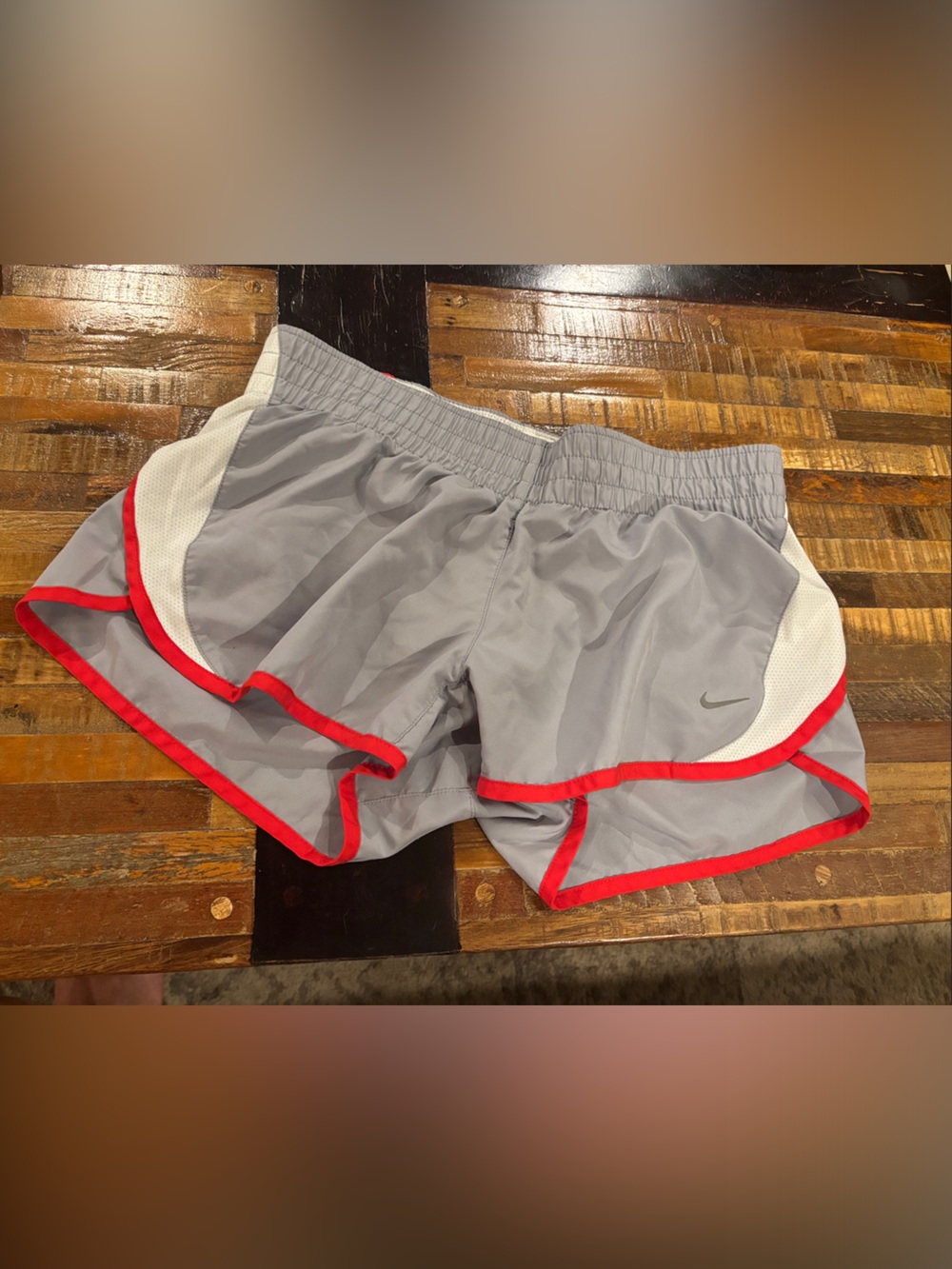Nike Light Gray Athletic Shorts with Red Trim
